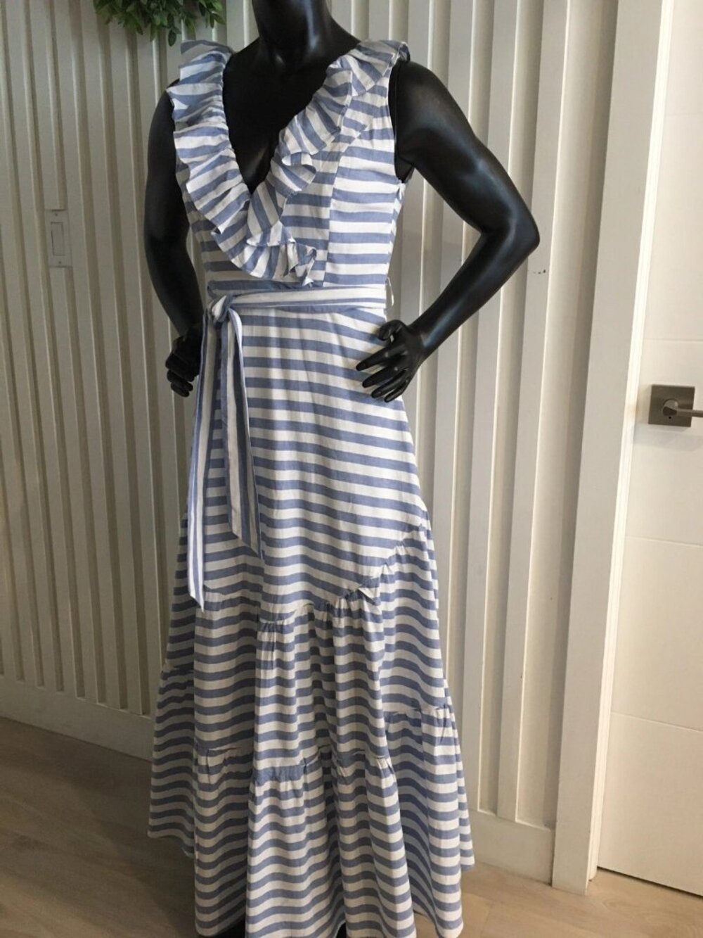 Blue & White Striped Ruffle Wrap Maxi Dress – Size Small – 100% Soft Cotton